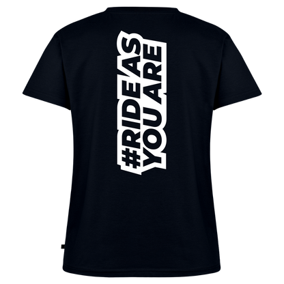 T-Shirt Femme Col V - #RideAsYouAre (Back) - navy